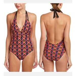 Trina Turk Halter Colorful One-Piece Swimsuit Size: 10